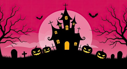 Spooky Halloween Night Scene with Haunted House, Pumpkins, Bats, Trees, and Graveyard Against a Full Moon on a Pink Background