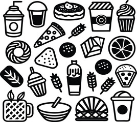Delicious assortment of baked goods and treats featuring pizza pastries coffee cups and sweet desserts ideal for food related graphics