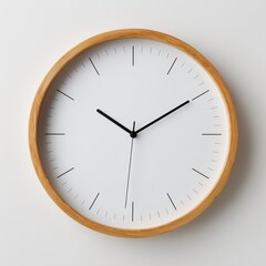 Minimalist wall clock with wooden frame and simple black hands on plain white isolated background