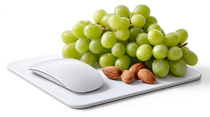  a mix of food items a sandwich, burger, apple, tomatoes, lettuce, and coffee  surrounding a white computer mouse and mousepad on a wooden surface