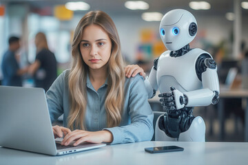 Woman and AI humanoid robot work together and collaborating while looking at a laptop, symbolizing AI partnership help job