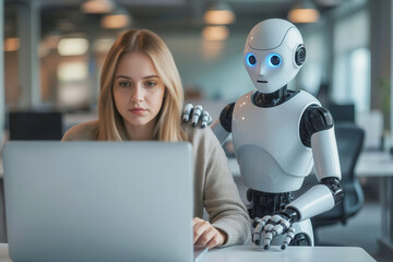 Woman and AI humanoid robot work together and collaborating while looking at a laptop, symbolizing AI partnership help job