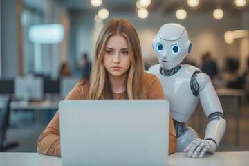 Woman and AI humanoid robot work together and collaborating while looking at a laptop, symbolizing AI partnership help job