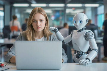 Woman and AI humanoid robot work together and collaborating while looking at a laptop, symbolizing AI partnership help job