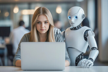 Woman and AI humanoid robot work together and collaborating while looking at a laptop, symbolizing AI partnership help job