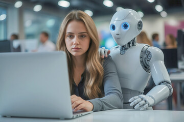 Woman and AI humanoid robot work together and collaborating while looking at a laptop, symbolizing AI partnership help job