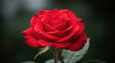 Red rose blossom, intricate petals unfurling, against blurred, dark foliage