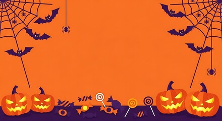 Vibrant Halloween Background with Jack-o'-Lanterns, Bats, Spiders, and Candy on Orange