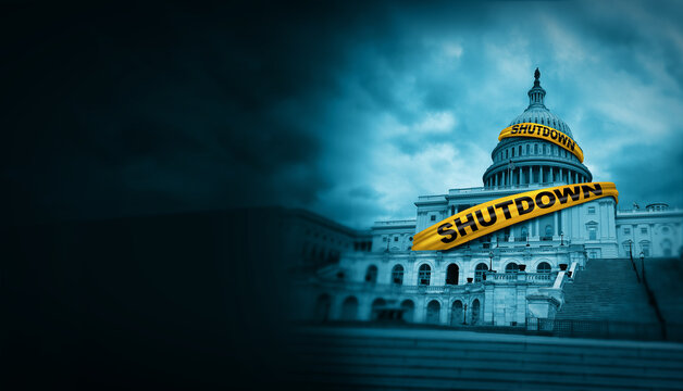 American Government Shutdown and USA closed services and United States as federal shut down due to spending bill disagreement between the left and right with yellow hazard tape.