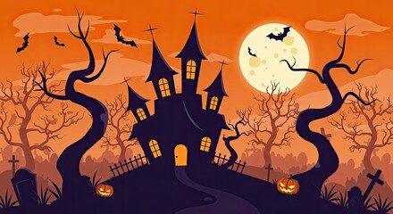 Spooky Halloween Night Vector Illustration Featuring a Haunted House with Pumpkins and Bats Flying Under a Full Moon on Halloween