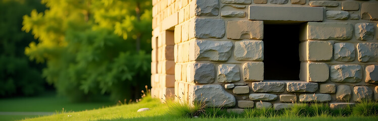 worn stone façade set lush verdant backdrop vibrant greenery sunlight casting warm shadows across structure rustic
