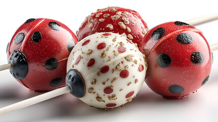 The main edible part is round, coated in a bright red, glossy candy shell that features the characteristic black spots of a ladybug. The heads are darker, possibly chocolate or crushed sprinkles