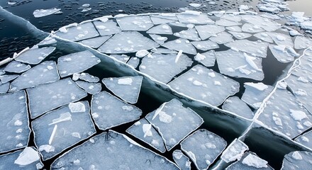 Abstract pattern of fractured ice on dark water, showcasing nature's delicate beauty.