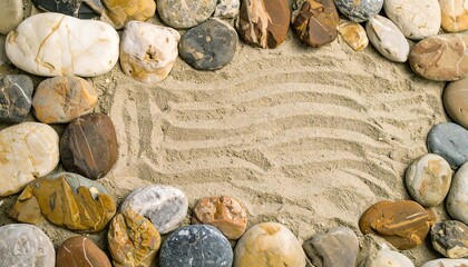 Close-up of various pebbles arranged on sandy surface