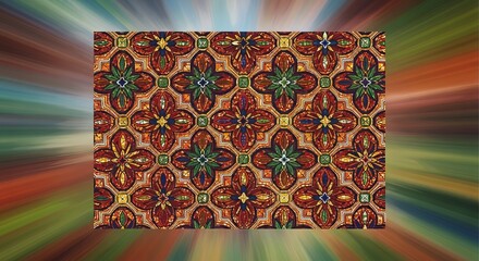 Intricate geometric floral pattern with warm, vibrant colors and a radial background effect