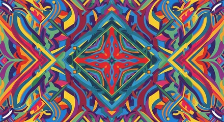 Vibrant, intricate abstract pattern with a symmetrical, kaleidoscopic design in bold, vivid colors.