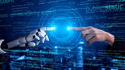 A captivating image showcasing a robotic hand and a human hand reaching toward each other in a futuristic digital environment, symbolizing technology and human interaction. Xenic