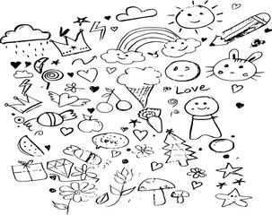 Fototapeta premium Hand Drawn Doodle Icon Set – Cute Sketch Elements of Love, Nature, and Fun