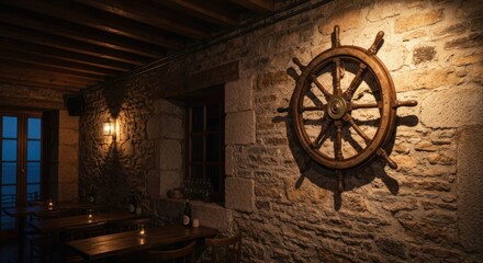 Fototapeta premium Rustic stone room with a ship's wheel, dimly lit, tables with candles
