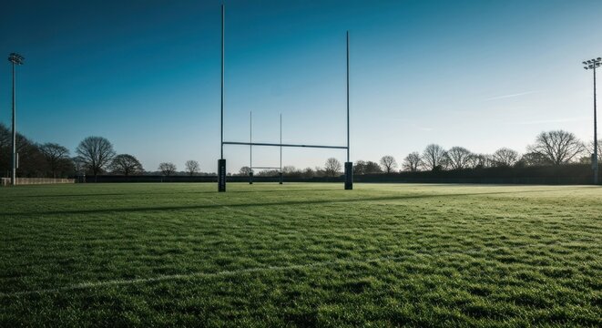 Rugby field with posts, short grass, under a bright, cloudless sky