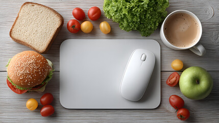  a mix of food items a sandwich, burger, apple, tomatoes, lettuce, and coffee  surrounding a white computer mouse and mousepad on a wooden surface