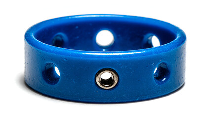 a bright blue plastic or rubber ring or band, isolated on a white background. The ring has a flat, thick profile, giving it a modern or technological appearance