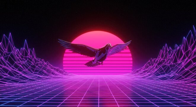 Bird flying over landscape at sunset