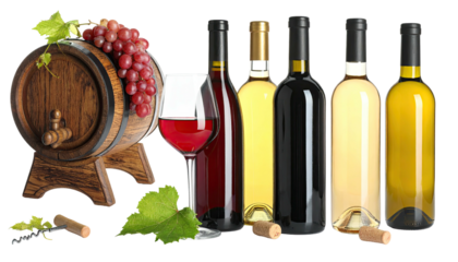 Wine barrel, bottles, and glasses, showcasing red and white wines