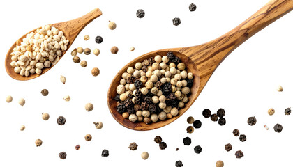 Wooden spoons filled with white and black peppercorns, scattered peppercorns