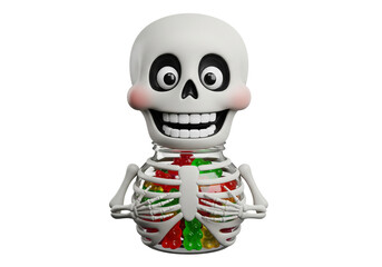 Whimsical Gummy Bear Skeleton: Cheerful 3D Cartoon Character with Transparent Chest Full of Colorful Candies, Isolated on White