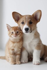 Obraz premium Adorable ginger kitten and corgi puppy posing together on white background