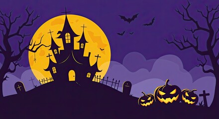 Spooky Halloween Night with Haunted House and Pumpkins Under a Full Moon with Bats Flying Across the Sky, a Chilling