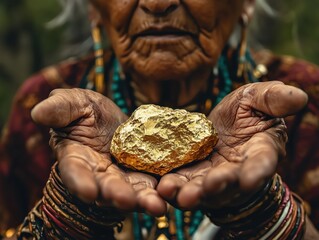 woman holds a nugget of gold in her hands.
An elderly Indian woman in traditional clothes decorated with beads and feathers holds out a gold nugget in her palms against the background of the forest.