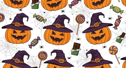 Whimsical Halloween Pattern: Jack-o'-lanterns, Witch Hats, Spiders, and Candy