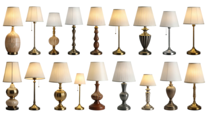 Row of various table lamps.  Beige lampshades, different bases