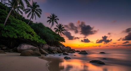 Serene tropical beach at sunset with palm trees and vibrant sky reflecting on the calm ocean.