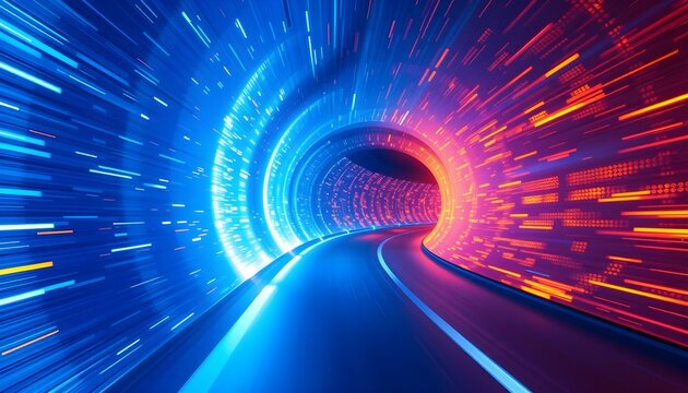 Abstract futuristic tunnel with glowing blue and red light trails, symbolizing high-speed data transfer and digital connectivity.