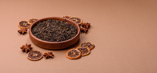 Golden black tea, dried leaves of a Chinese or Indian breakfast drink. Black tea dried leaves