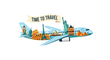 Dreaming of global adventures, an airplane showcases iconic landmarks from around the world.