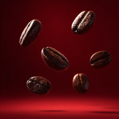 A close-up image of roasted coffee beans suspended mid-air against a dark red background. The lighting highlights the rich textures and glossy surface of the beans, emphasizing their freshness and qua