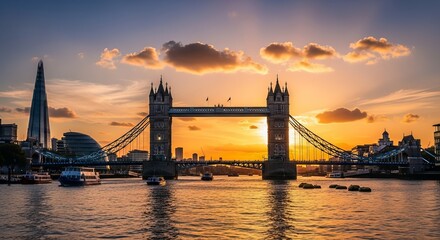 Iconic bridge illuminated by a vibrant sunset over a calm river, with city skyline in the background.