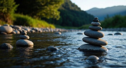 Stacked pebbles in river, balancing stones, peaceful, green trees and mountains