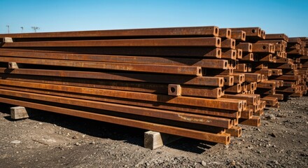 Stacked rusty, square steel beams against a clear blue sky