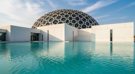 Modern architectural masterpiece with a geometric dome reflected in calm water under a clear sky.