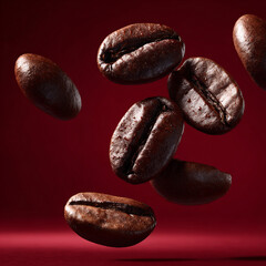 A close-up image of roasted coffee beans suspended mid-air against a dark red background. The lighting highlights the rich textures and glossy surface of the beans, emphasizing their freshness and qua