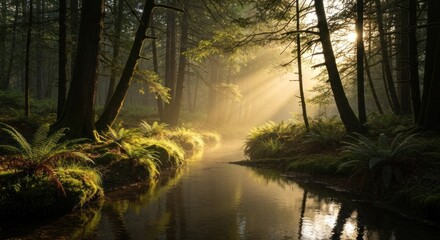 Fototapeta premium Sun rays stream through lush green forest, reflecting in a calm stream