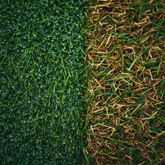A side-by-side macro shot of wet and dry grass. The left side shows fresh grass covered with dewdrops, while the right side shows dry, brown, lifeless grass. The contrast suggests seasonal or hydratio