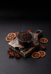 Golden black tea, dried leaves of a Chinese or Indian breakfast drink. Black tea dried leaves