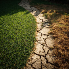 A side-by-side macro shot of wet and dry grass. The left side shows fresh grass covered with dewdrops, while the right side shows dry, brown, lifeless grass. The contrast suggests seasonal or hydratio