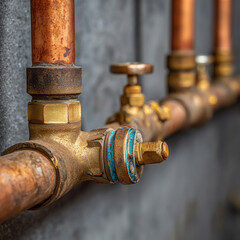 A close-up image of old copper and brass water pipes attached to a concrete wall. The pipes show signs of age and corrosion, adding texture and realism to the industrial scene.
